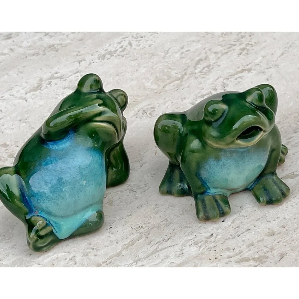 Vintage Ceramic Green Frog Figurines Set Of 2 Hand-Painted Glossy Finish - Picture 7 of 12